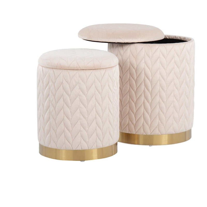 LumiSource Marla Quilted Ottoman Set, Gold/Cream Velvet - OT2-MARLAQLTAUVCR