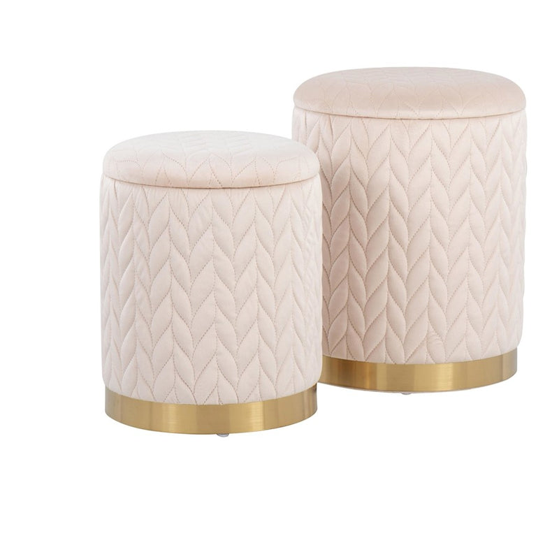 LumiSource Marla Quilted Ottoman Set, Gold/Cream Velvet