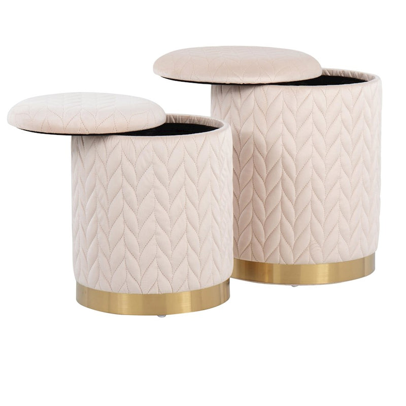 LumiSource Marla Quilted Ottoman Set, Gold/Cream Velvet