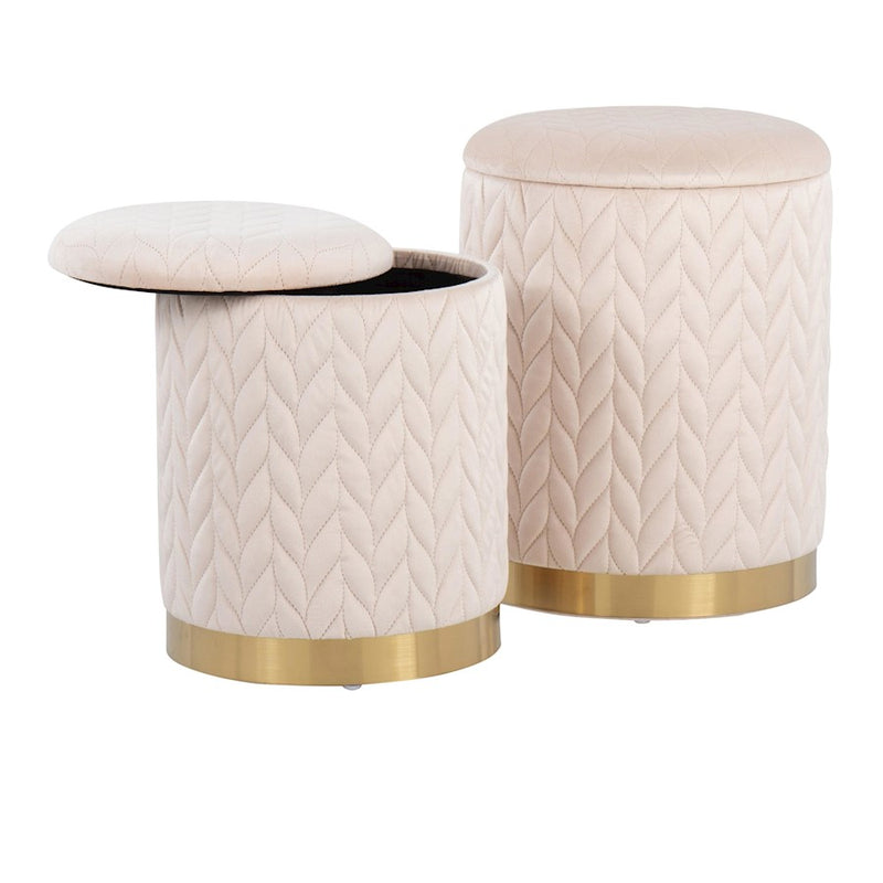 LumiSource Marla Quilted Ottoman Set, Gold/Cream Velvet