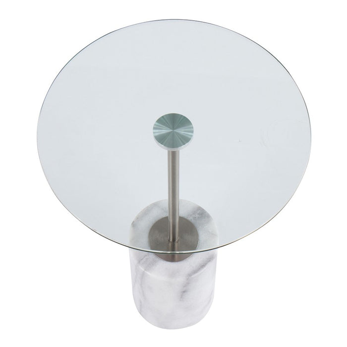 LumiSource Symbol Side Table, White Marble/Nickel/Clear Glass