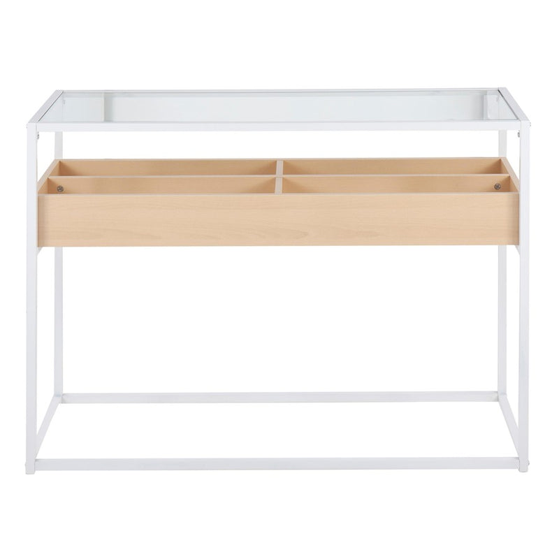 LumiSource Display Console Table | White Steel, Natural Wood, Clear Glass | Living Room & Entryway Storage | Model TBC-DISPLAYWNA