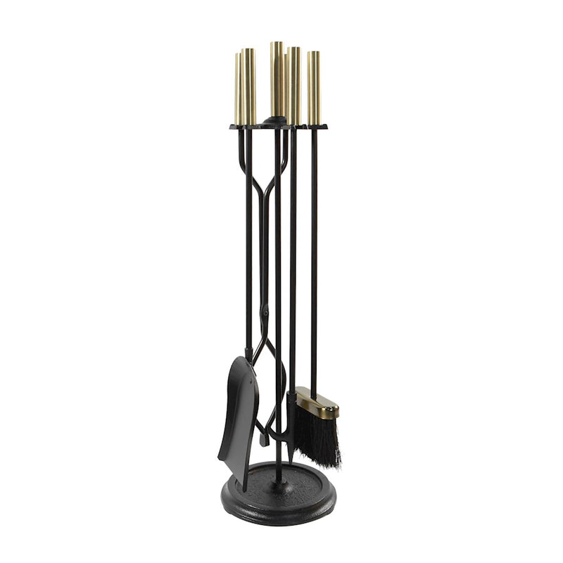 ACHLA Neoclassic Fireplace Tool Set | Antique Brass and Black Cast Iron | Living Room & Hearthside Fireplace Accessory | 8 x 8 x 30 in | Model ABK-03