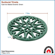 Minuteman International 7in Sunburst Cast Iron Trivet | Green Porcelain Enamel | Kitchen Counter & Stovetop Heat Protection | Model C-33GR