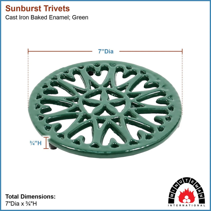Minuteman International 7in Sunburst Cast Iron Trivet | Green Porcelain Enamel | Kitchen Counter & Stovetop Heat Protection | Model C-33GR