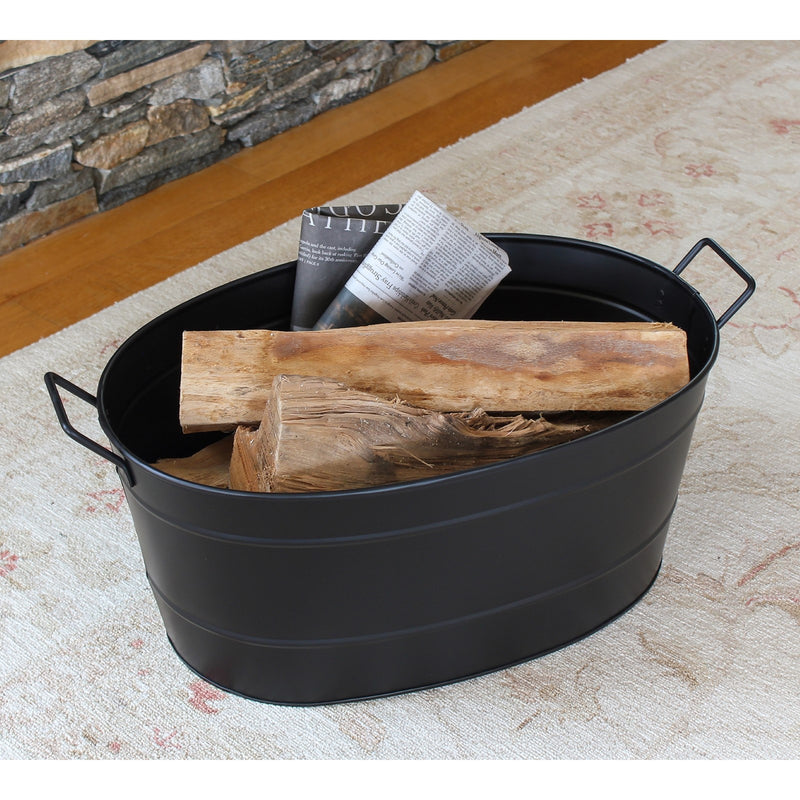 Minuteman International Oval Tub Log Carrier | Black Steel Firewood Storage | Living Room & Patio Hearth Accessory | 15 x 21 x 9 in | Model C-51BK