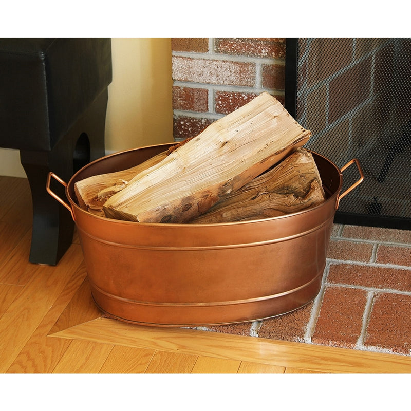 Minuteman International Oval Tub with Wrought Iron Handles | Copper Plated Steel | Firewood, Coal & Pellet Storage | 15 x 21 x 9 in | Model C-81C