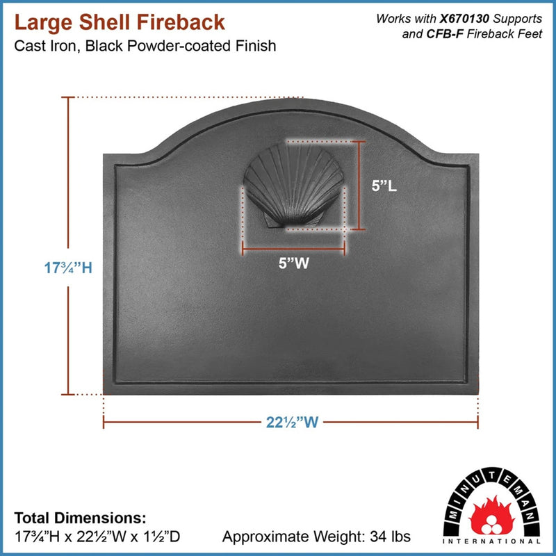 Minuteman International Large Shell Fire Back | Cast Iron Flat Black | Fireplace Heat Reflector & Decor | 22.5 x 0.25 x 17.75 in | Model CFB-13