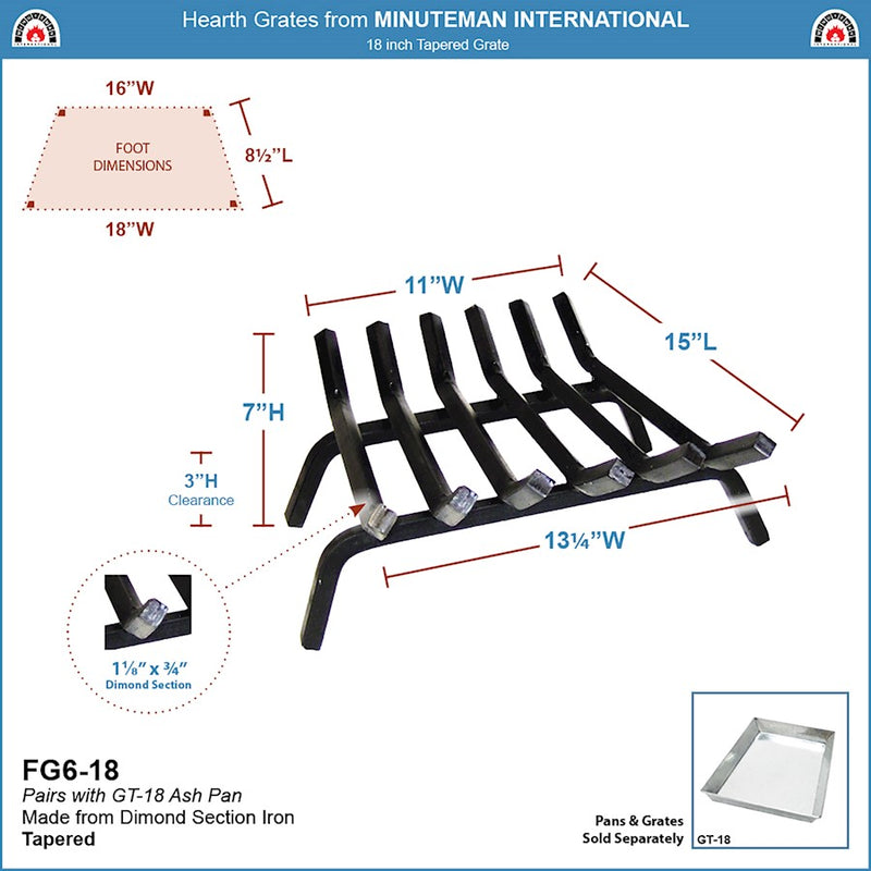 ACHLA Minuteman 18in Tapered Fireplace Grate | Wrought Iron Hearth Log Holder | Living Room & Fireplace | 27 x 2 x 10 in | Model FG6-18