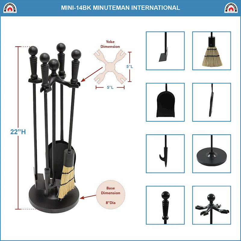 ACHLA Minuteman Paxton Mini Fireplace Tool Set | Traditional Cast Iron Black Powder Coat | Wood & Pellet Stove Tending | Model MINI-14BK