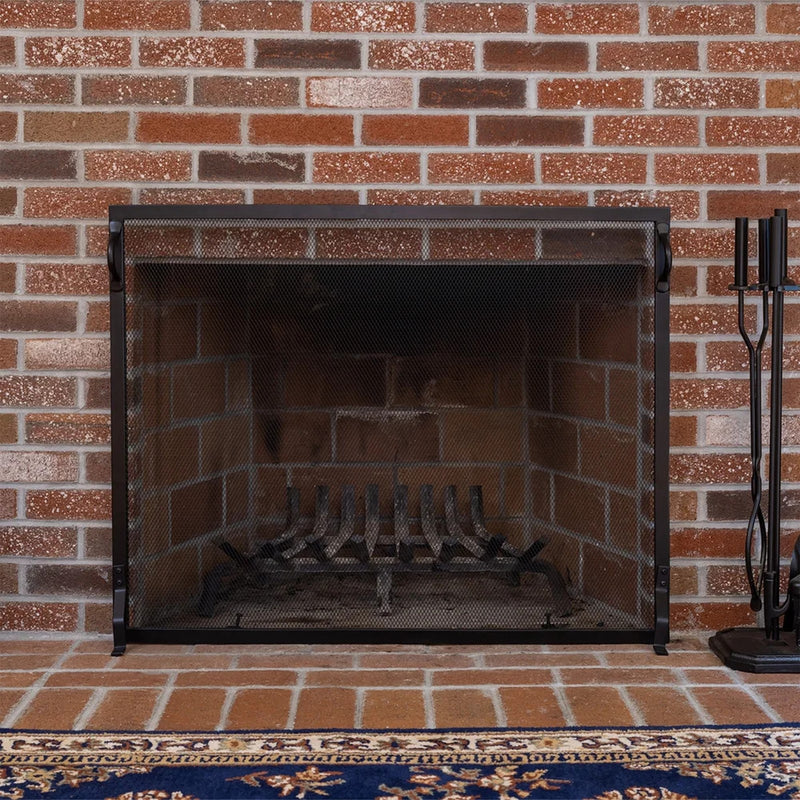 Minuteman International Plain By Design 44in Fireplace Screen | Black Wrought Iron Flat Mesh | Living Room & Hearth Safety | Model SA-4433