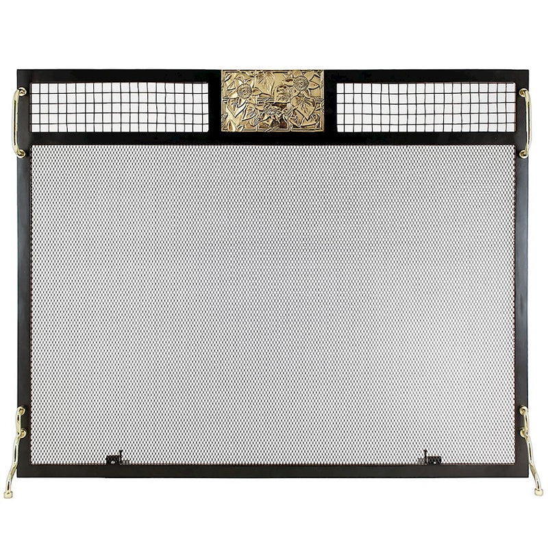 ACHLA Clematis Emblem 38in Flat Fireplace Screen | Wrought Iron Matte Black Frame with Polished Brass Accents | Living Room & | Model SES-3830PC