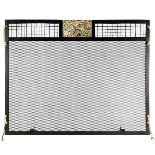 ACHLA Clematis Emblem 38in Flat Fireplace Screen | Wrought Iron Matte Black Frame with Polished Brass Accents | Living Room & | Model SES-3830PC