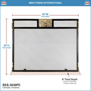 ACHLA Clematis Emblem 38in Flat Fireplace Screen | Wrought Iron Matte Black Frame with Polished Brass Accents | Living Room & | Model SES-3830PC