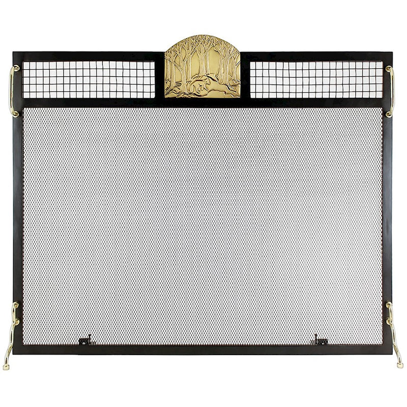 ACHLA Minuteman International Forest Fox 38in Flat Fireplace Screen | Wrought Iron Matte Black Frame with Polished Brass Accents | Model SES-3830PF