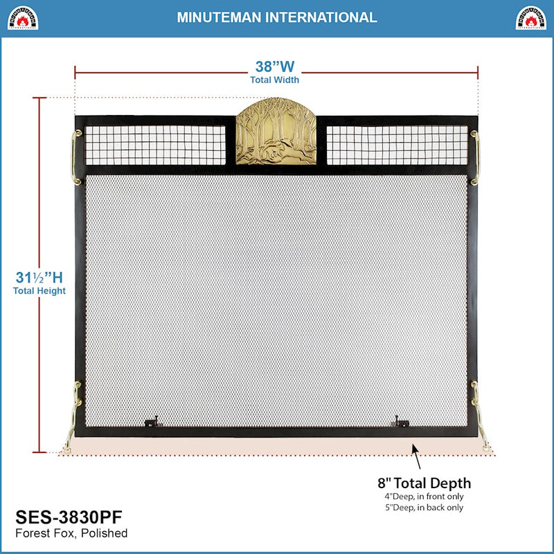 ACHLA Minuteman International Forest Fox 38in Flat Fireplace Screen | Wrought Iron Matte Black Frame with Polished Brass Accents | Model SES-3830PF