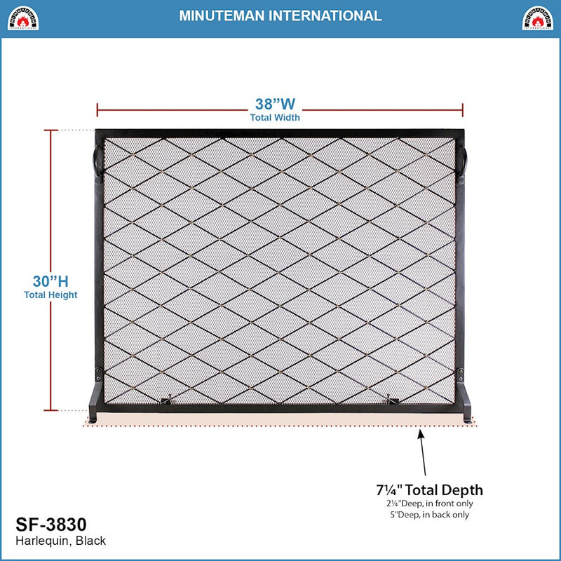 ACHLA Harlequin 38x30in Flat Fireplace Screen | Wrought Iron Black Powdercoat with Brass Accents | Living Room & Hearth Protection | Model SF-3830