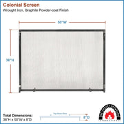 Minuteman International Colonial 50in x 36in Fireplace Screen | Graphite Wrought Iron Flat Screen | Living Room & Indoor-Outdoor | Model SS-5036