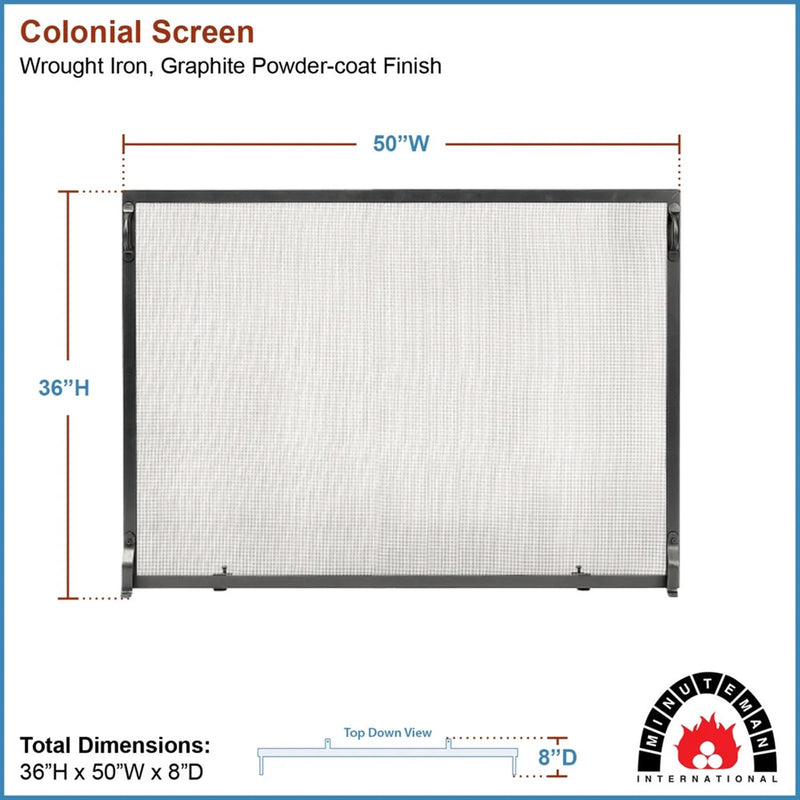 Minuteman International Colonial 50in x 36in Fireplace Screen | Graphite Wrought Iron Flat Screen | Living Room & Indoor-Outdoor | Model SS-5036