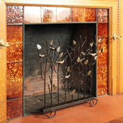 Minuteman International Birds Summer Screen | Rustic Wrought Iron Fireplace Screen with Gold-Tone Birds | Roman Bronze Powder Coat | Model SSB-01