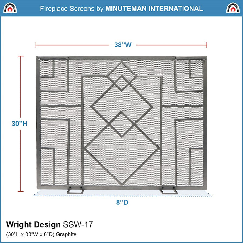 ACHLA Minuteman International Wright Design Fireplace Screen 38in | Arts & Crafts Graphite Wrought Iron | Living Room & Hearth Safety | Model SSW-17