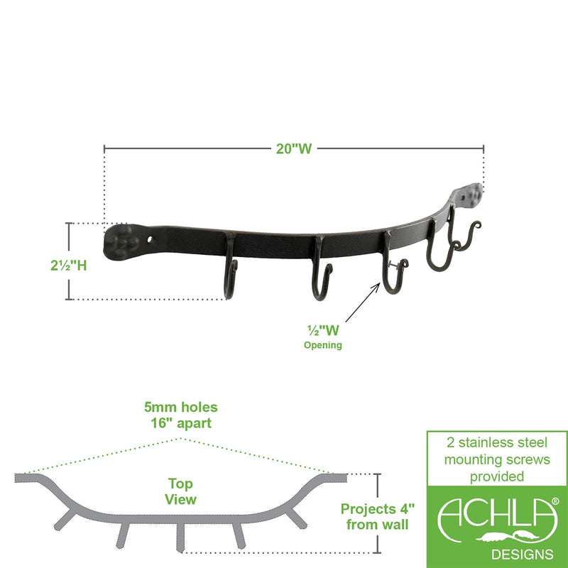 Minuteman International SWB-02 5-Hook Wall Bracket | Industrial Wrought Iron Black | Entryway & Mudroom Coat Rack | 19.5 x 4.5 x 2 in | Model SWB-02