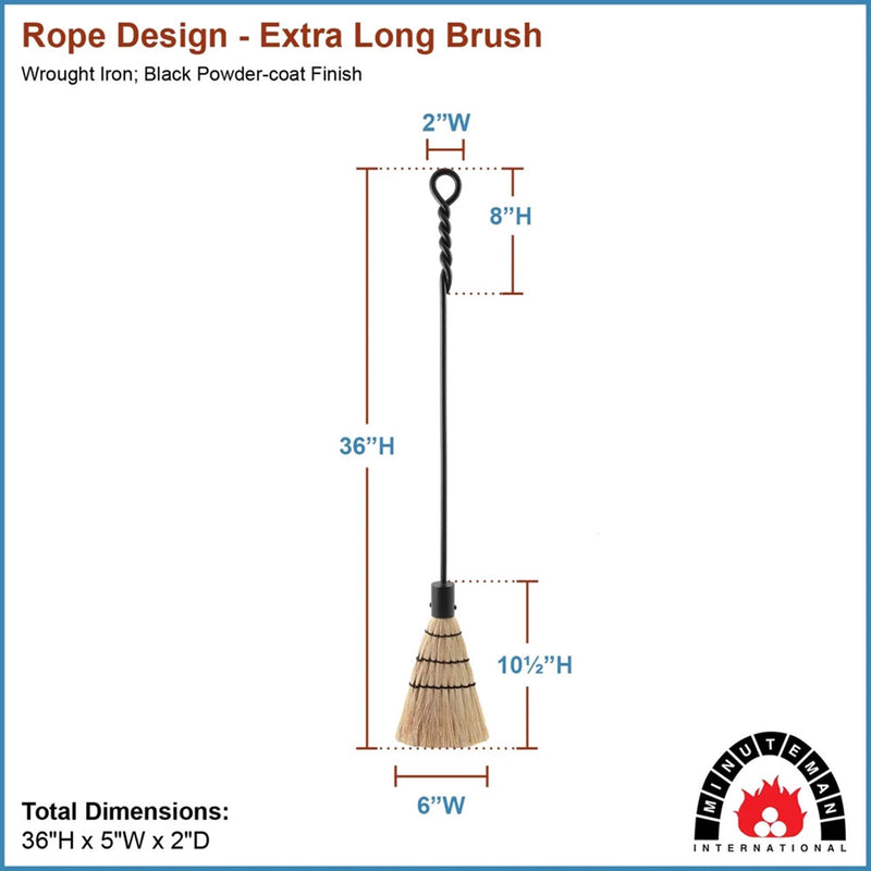 Minuteman International Standard Rope Design Brush 28in L | Wrought Iron Black Powder Coated | Fireplace & Hearth Tool | 28 x 1 x 4 in | Model WR-02B