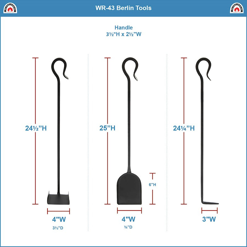 ACHLA Berlin 32in Fireplace Tool Set | Wrought Iron Black Powder Coating | Hearth & Woodstove Accessory | 9 x 9 x 32 in | Model WR-43