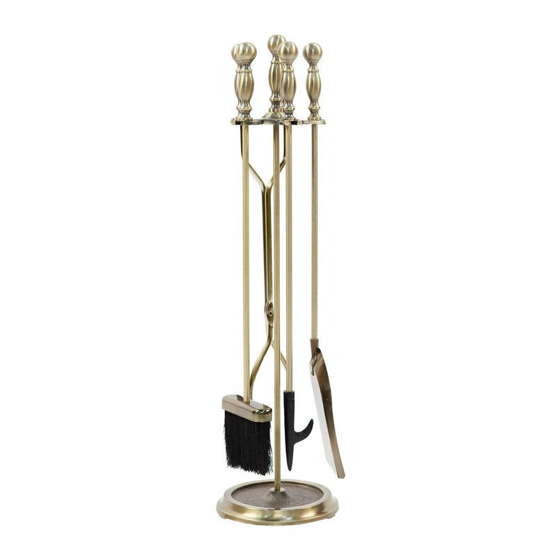 Minuteman International Antique Brass 4-Tool Fire Set | Traditional Iron Fireplace Tools | Hearth & Living Room | 8 x 8 x 30 in | Model X830946