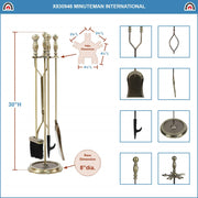 Minuteman International Antique Brass 4-Tool Fire Set | Traditional Iron Fireplace Tools | Hearth & Living Room | 8 x 8 x 30 in | Model X830946