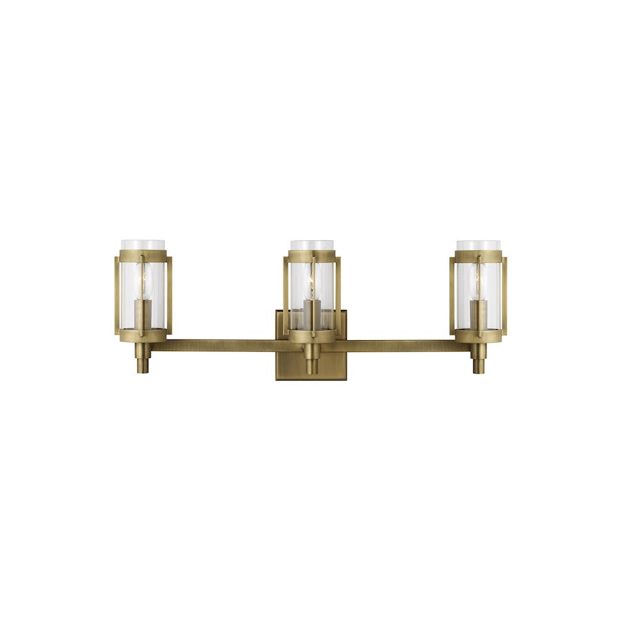 Visual Comfort Studio Flynn 3 Light Vanity, Time Worn Brass/Clear - LV1023TWB