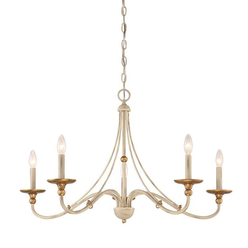 Minka Laver Westchester 28in 5-Light Chandelier | Farmhouse White with Gilded Gold Steel | Dining Room & Kitchen Island | Model 1045-701