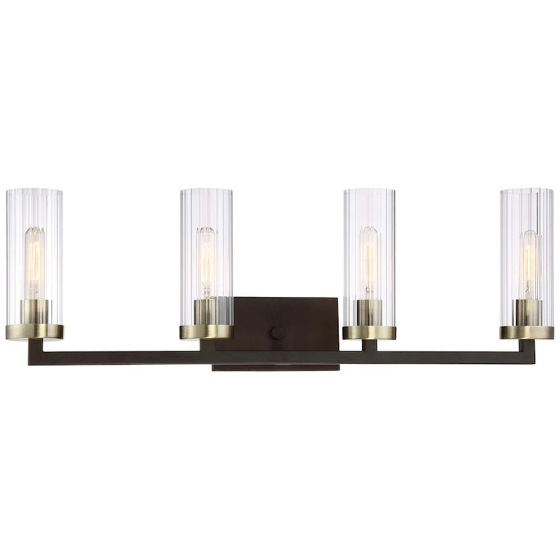Minka Lavery Ainsley Court 33in 4-Light Bath Vanity Light | Aged Kingston Bronze and Brushed Brass with Clear Ribbed Glass | Model 3044-560
