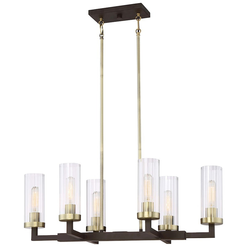 Minka Lavery Ainsley Court 30in 6-Light Island Light | Vintage Aged Kingston Bronze and Brushed Brass with Clear Ribbed Glass | Model 3046-560