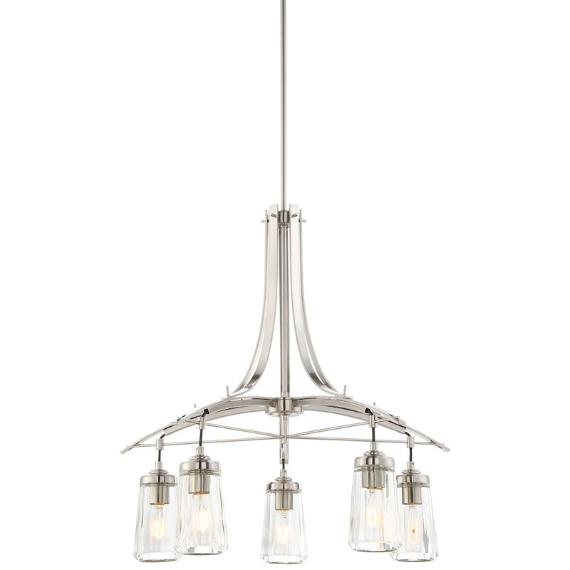 Minka Lavery Poleis 26in 5-Light Chandelier | Industrial Brushed Nickel and Clear Angle-Faceted Glass | Dining Room & Living Room | Model 3305-84