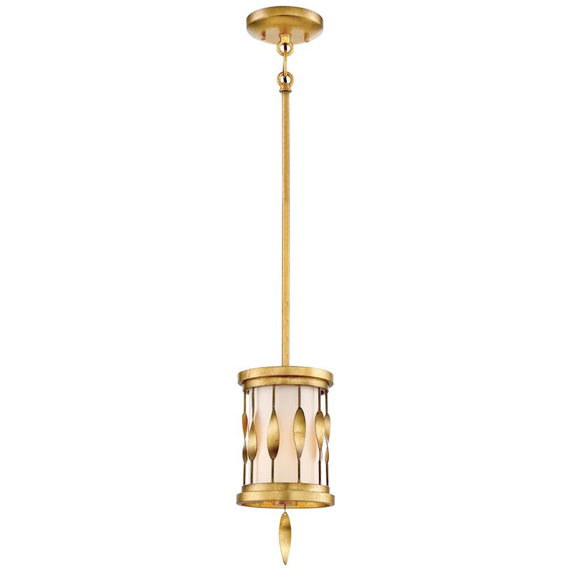 Minka Lavery Olivetas 6in 1-Light Mini Pendant | Hand Textured Gold Leaf and White Ribbed Fabric Shade | Dining Room & Kitchen | Model 4051-571