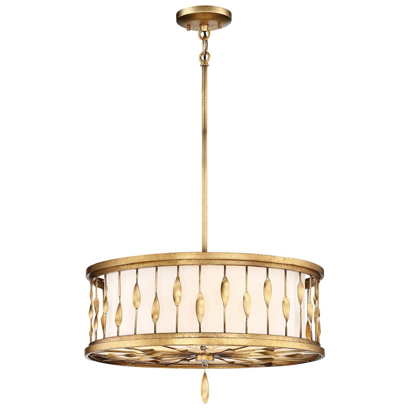 Minka Lavery Olivetas 20in 3-Light Pendant Convertible | Hand Textured Gold Leaf and White Ribbed Fabric Shade | Dining Room | Model 4054-571