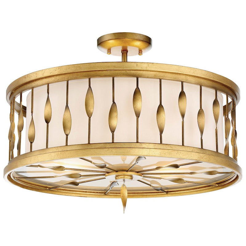 Minka Lavery Olivetas 20in 3-Light Pendant Convertible | Hand Textured Gold Leaf and White Ribbed Fabric Shade | Dining Room | Model 4054-571