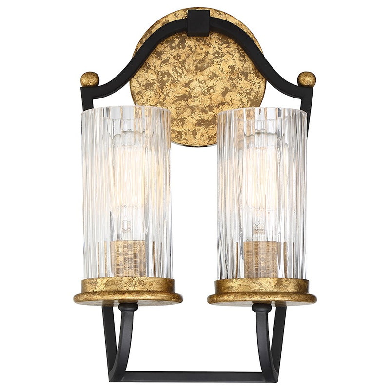 Minka Lavery Posh Horizon 8in Wall Sconce | French Country Sand Black with Gold Leaf and Clear Ribbed Glass | Hallway & Living Room | Model 4511-100