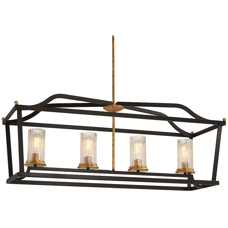 Minka Lavery Posh Horizon 32in 4-Light Island Pendant | French Country Sand Black with Gold Leaf and Clear Ribbed Glass | Kitchen | Model 4513-100