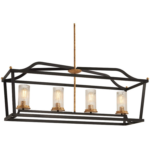Minka Lavery Posh Horizon 32in 4-Light Island Pendant | French Country Sand Black with Gold Leaf and Clear Ribbed Glass | Kitchen | Model 4513-100