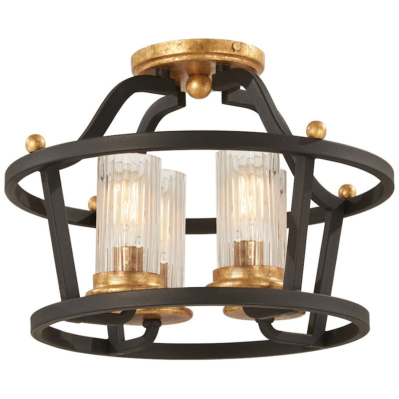 Minka Lavery Posh Horizon 14in 4-Light Semi-Flush | French Country Sand Black with Gold Leaf and Clear Ribbed Glass | Entryway | Model 4514-100