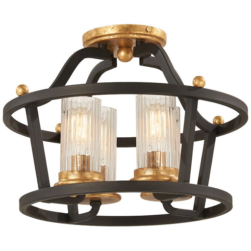 Minka Lavery Posh Horizon 14in 4-Light Semi-Flush | French Country Sand Black with Gold Leaf and Clear Ribbed Glass | Entryway & | Model 4514-100