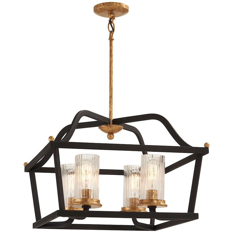 Minka Lavery Posh Horizon 20in 4-Light Pendant | French Country Sand Black with Gold Leaf and Clear Ribbed Glass | Kitchen Island | Model 4516-100