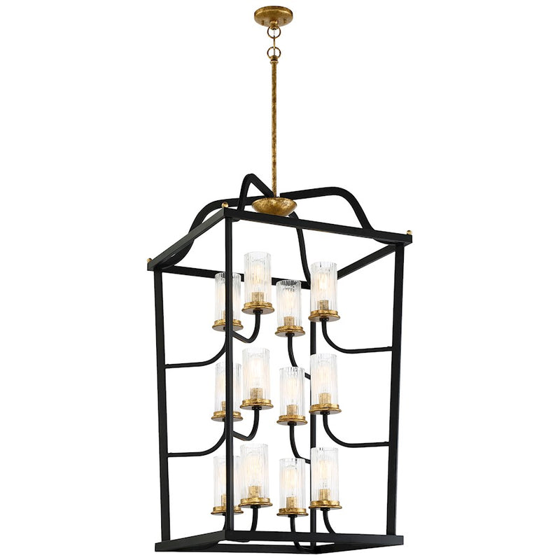 Minka Lavery Posh Horizon 24in Large Pendant | French Country Sand Black with Gold Leaf and Clear Ribbed Glass | Dining Room | Model 4519-100