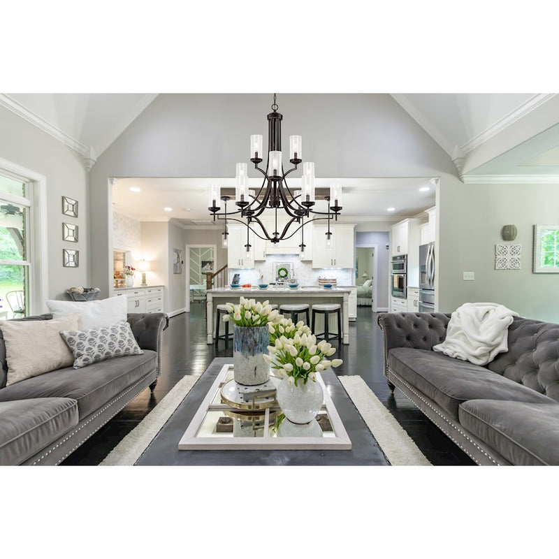 Minka Lavery Elyton 30in 9-Light Chandelier | Traditional Downtown Bronze with Gold Highlights and Clear Seeded Glass | Dining Room | Model 4659-579