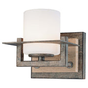 Minka Lavery Compositions 6in 1-Light Bath Vanity | Aged Patina Iron and Travertine Stone with Etched Opal Glass | Bathroom Vanity | Model 6461-273
