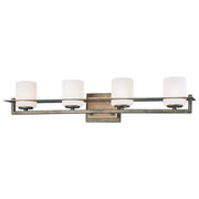 Minka Lavery Compositions 27in 4-Light Vanity Light | Aged Patina Iron and Travertine Stone Etched Opal Glass | Bathroom Vanity | Model 6464-273