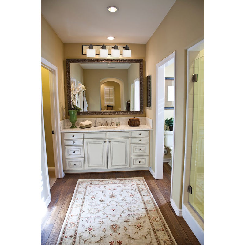 Minka Lavery Compositions 27in 4-Light Vanity Light | Aged Patina Iron and Travertine Stone Etched Opal Glass | Bathroom Vanity | Model 6464-273