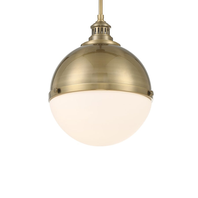 Minka Lavery Vorey 15in 1-Light Pendant | Industrial Aged Brass and Etched Opal Glass | Kitchen Island & Dining Room | Model 6605-923